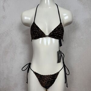 PrettyLittleThing Stone Devore Leopard Triangle Bikini Set Brown Black Size 0